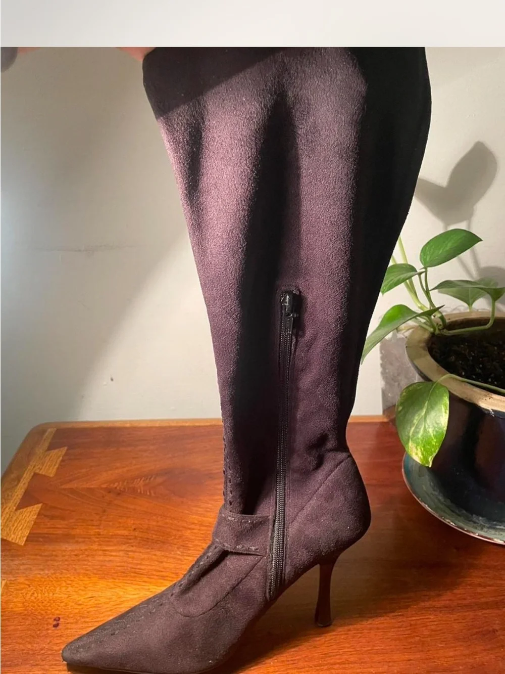 Classic Pointed-Toe Buckle Knee High Boots in Dark Brown